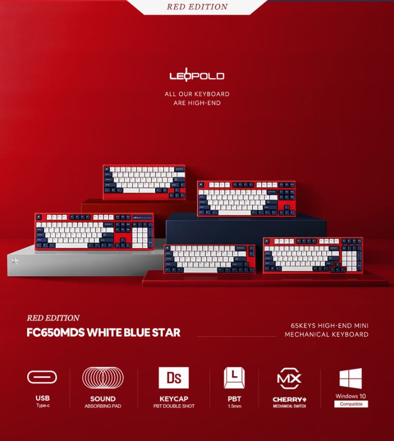 Leopold FC650MDS PD White Blue Star (Red Edition) Korean Linear (Red Switch)