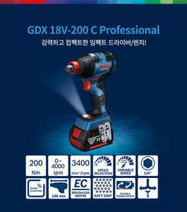 BOSCH GDX 18V-200 C PROFESSIONAL CORDLESS IMPACT DRIVER/WRENCH